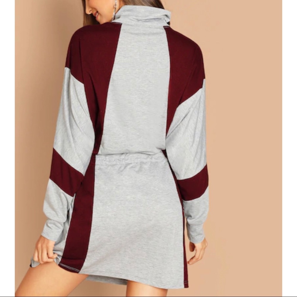 Two Tone Dolman Sleeve Drawstring Waist Dress - Picture 2 of 4